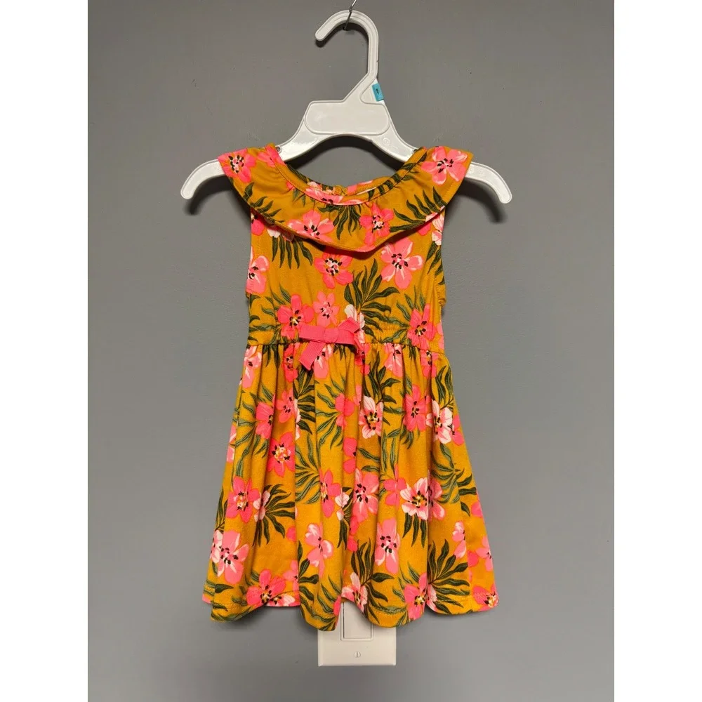 Little Lass Baby Girl Mustard Yellow Pink Floral Ruffle Dress 12M Sleeveless